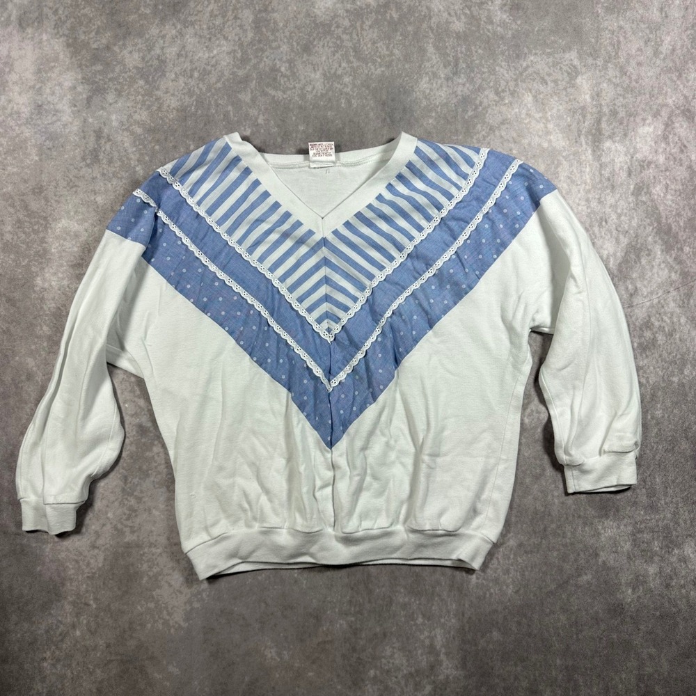 Vintage 80s GW Sweatshirt Womens Large White Blue Stripe Dot Lace V-Neck Boxy